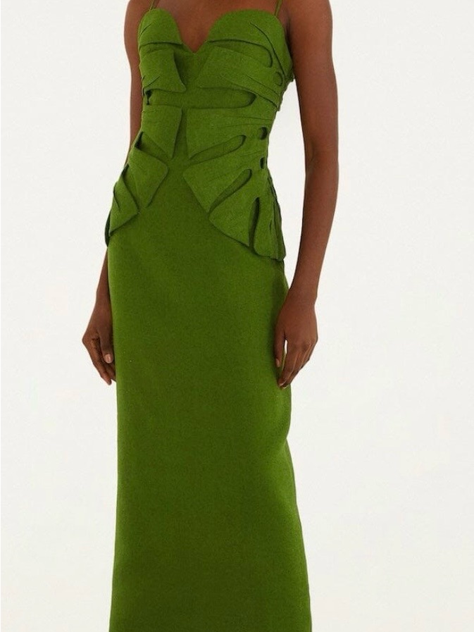 Farm Rio Olive Green Leaf-Appliqu Midi Dress
